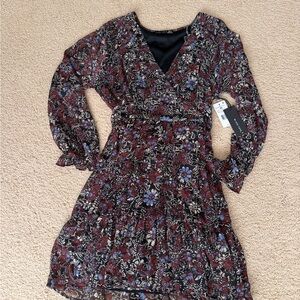 Black Tape_ Burgundy Floral Long-Sleeve Wrap Dress